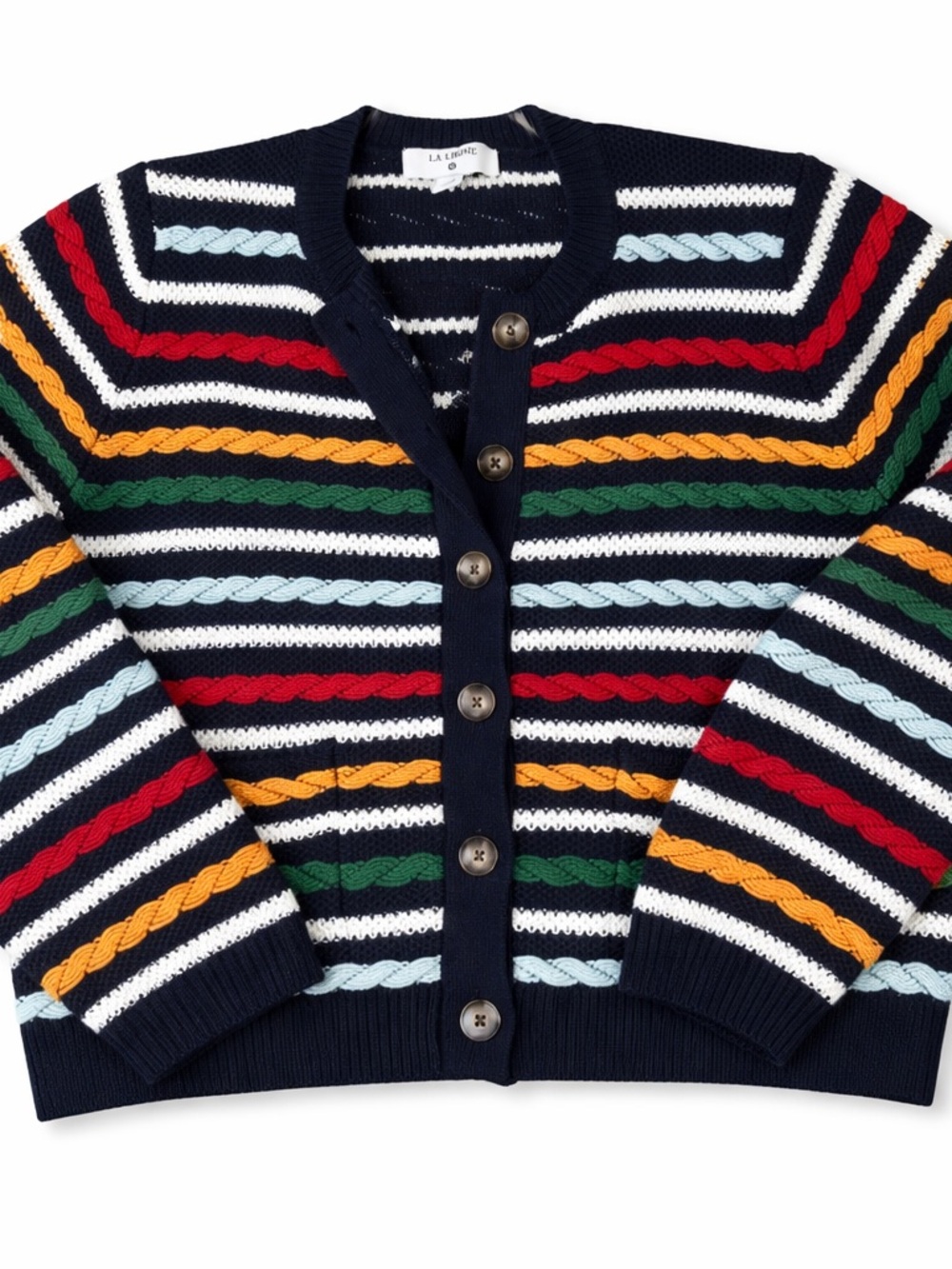 LA LINGE Navy Striped Cable-Knit Cardigan with Multicolor Stripes